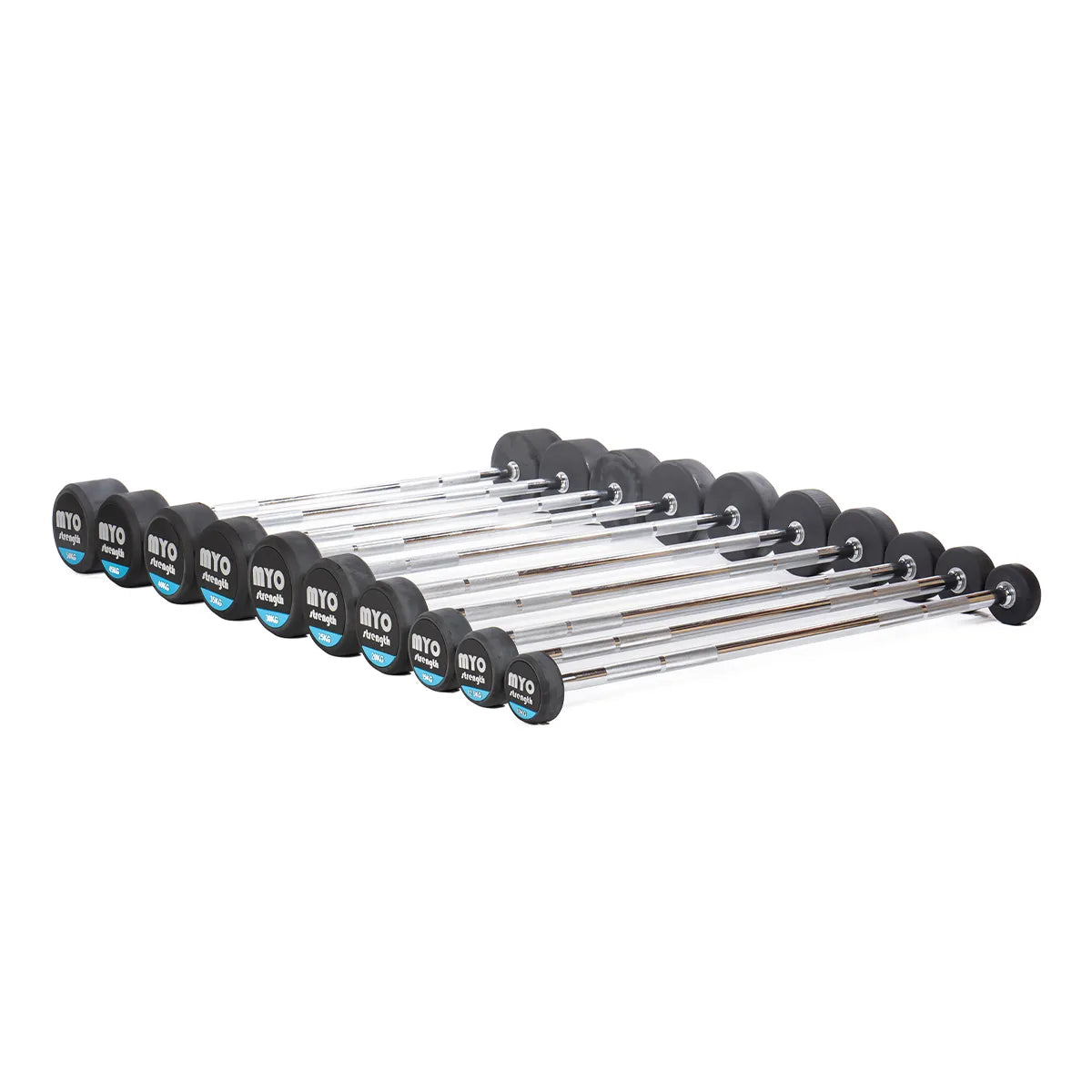 MYO Strength Rubber Barbell with PU End Caps – 10kg – 50kg Straight (10 Bar Set)
