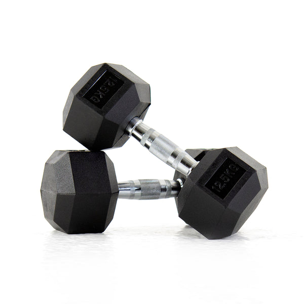Pulse Fitness HexPro Rubber Dumbbell Set 12.5–25kg (Black) - Premium Performance