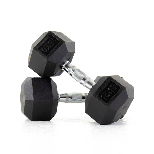 Pulse Fitness HexPro Rubber Dumbbell Set 12.5–25kg (Black) - Premium Performance