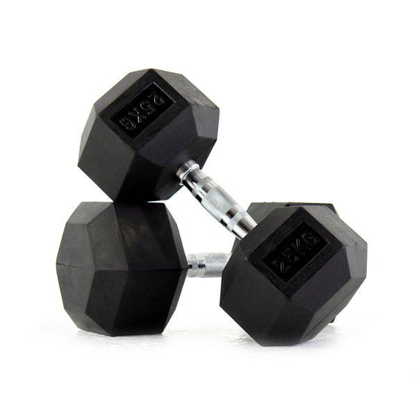 Pulse Fitness HexPro Rubber Dumbbell Set 12.5–25kg (Black) - Premium Performance