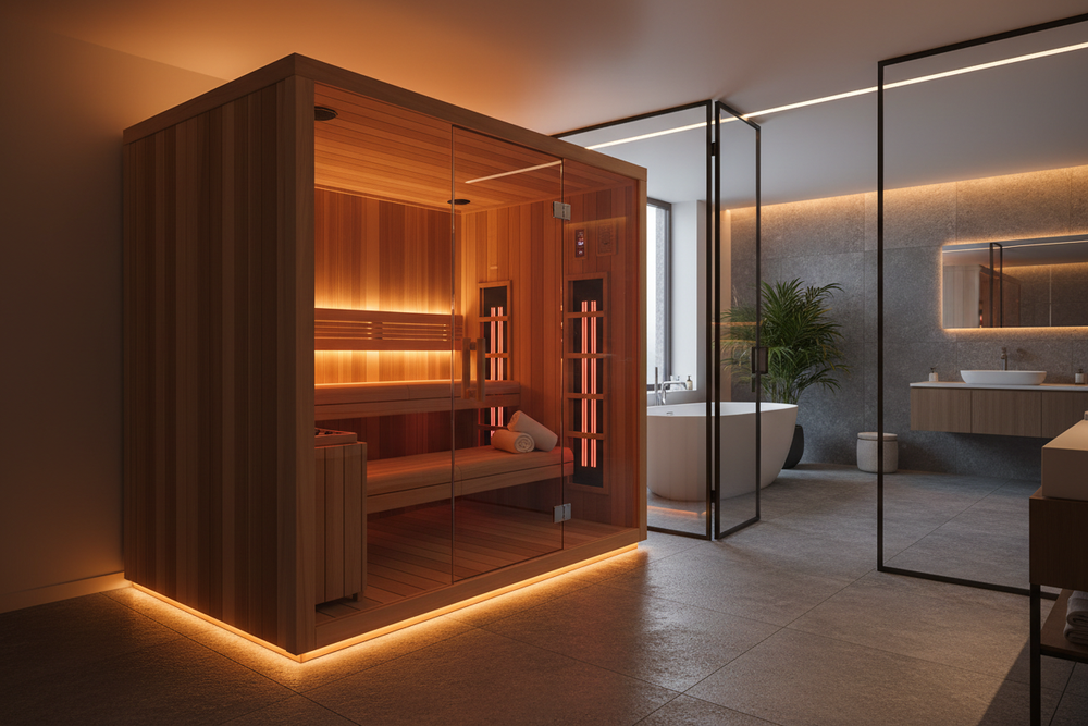 create image of a 2 person infrared sauna in a home - 