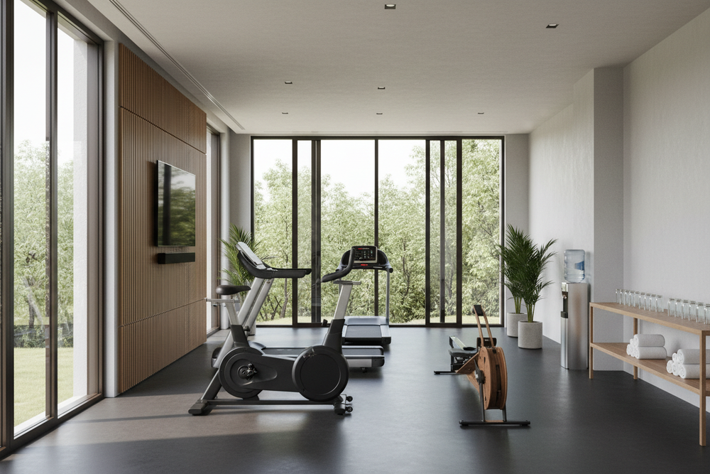 create image of cardio equipment in a nice home gym 